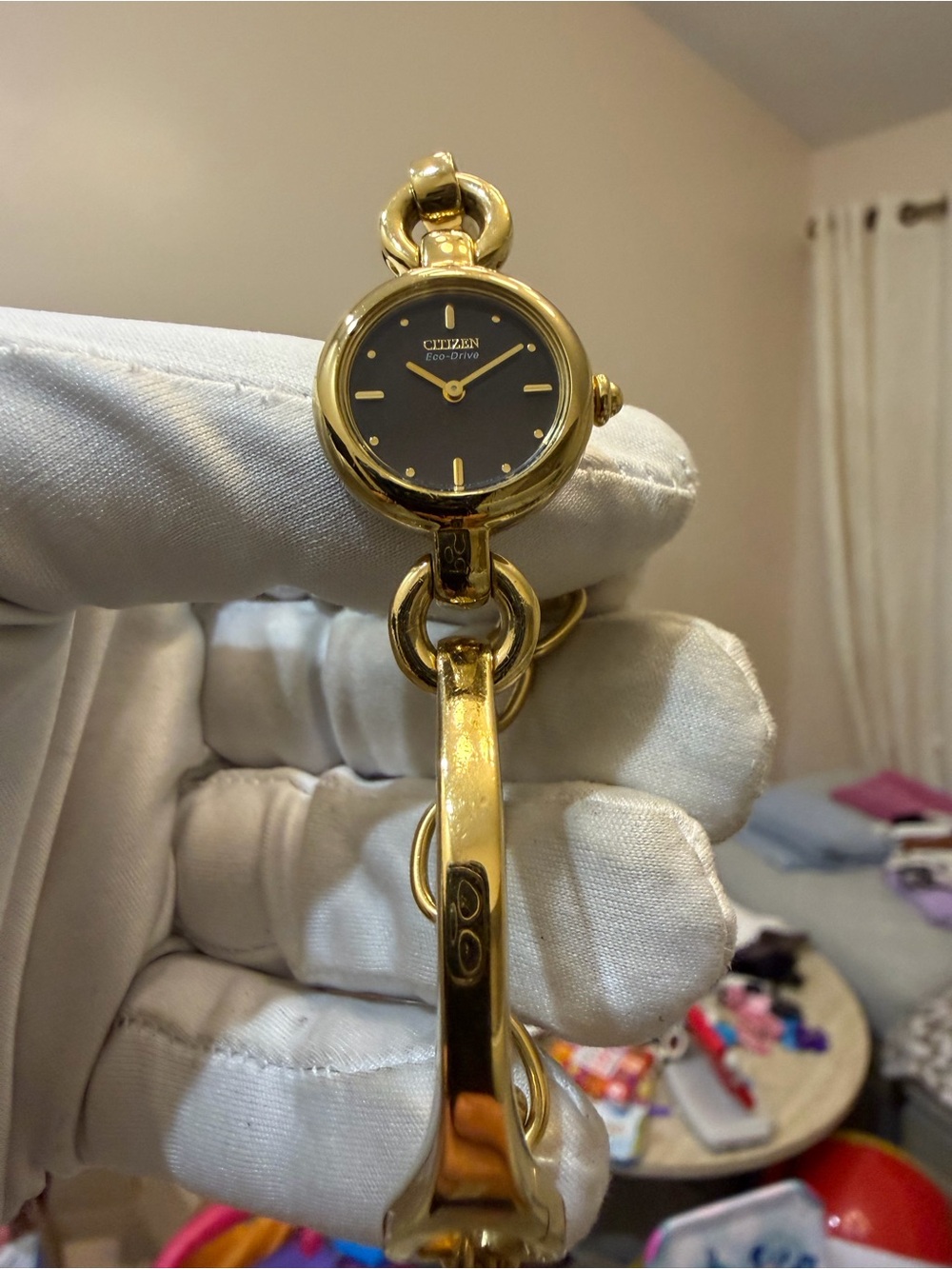 Vintage Citizen Eco-Drive Ladies Bangle Charm Watch Gold Tone Black Dial B023 - Picture 9 of 15